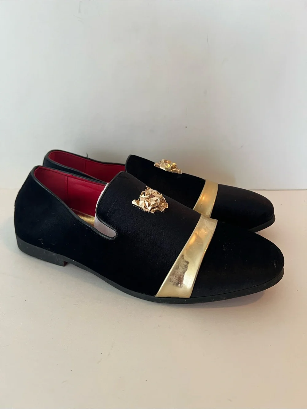 Men's Black Velvet Formal Loafers with Gold Toe Band & Medusa Crest - Size 44 (U